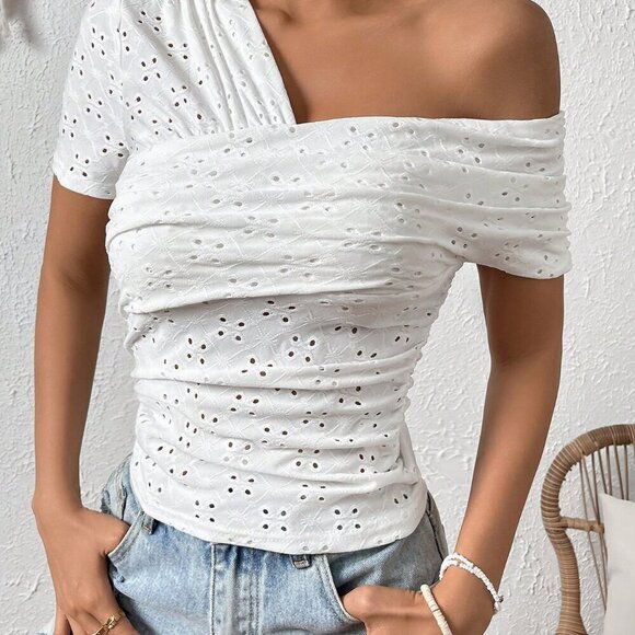 White Casual Women's Asymmetrical Neck Eyelet Embroidery Tee - Picture 5 of 6